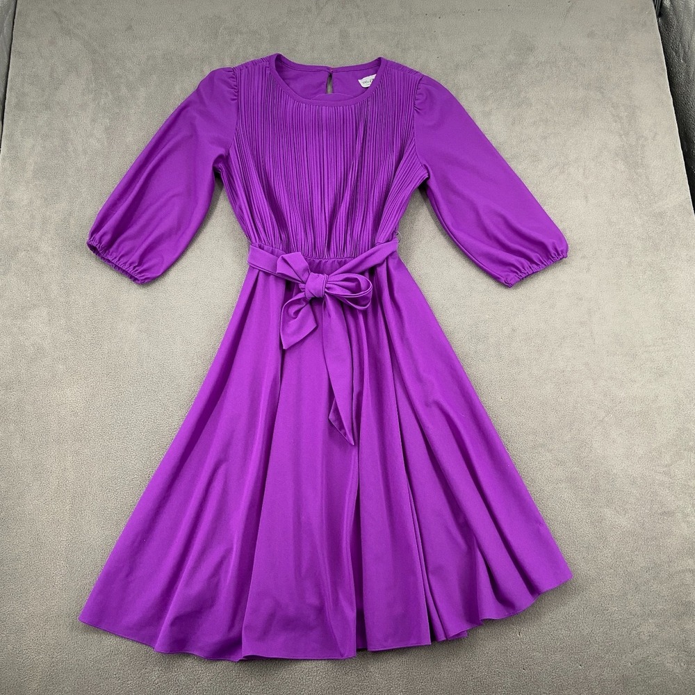 Ms. Classic Fit & Flare‎ Dress Womens Purple Puff Sleeve Keyhole Back Tie Waist